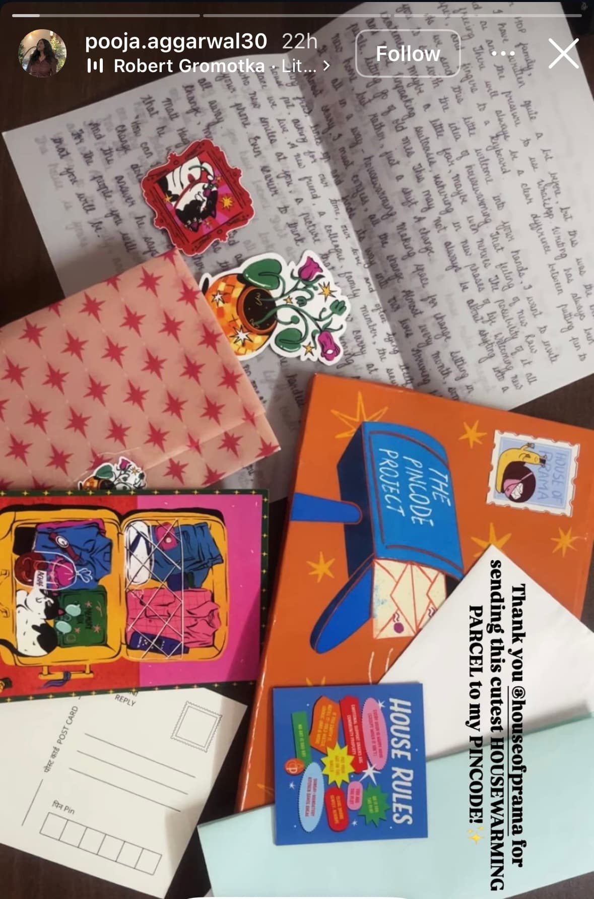 Community story showing The Pincode Project parcel, postcards, and letter.
